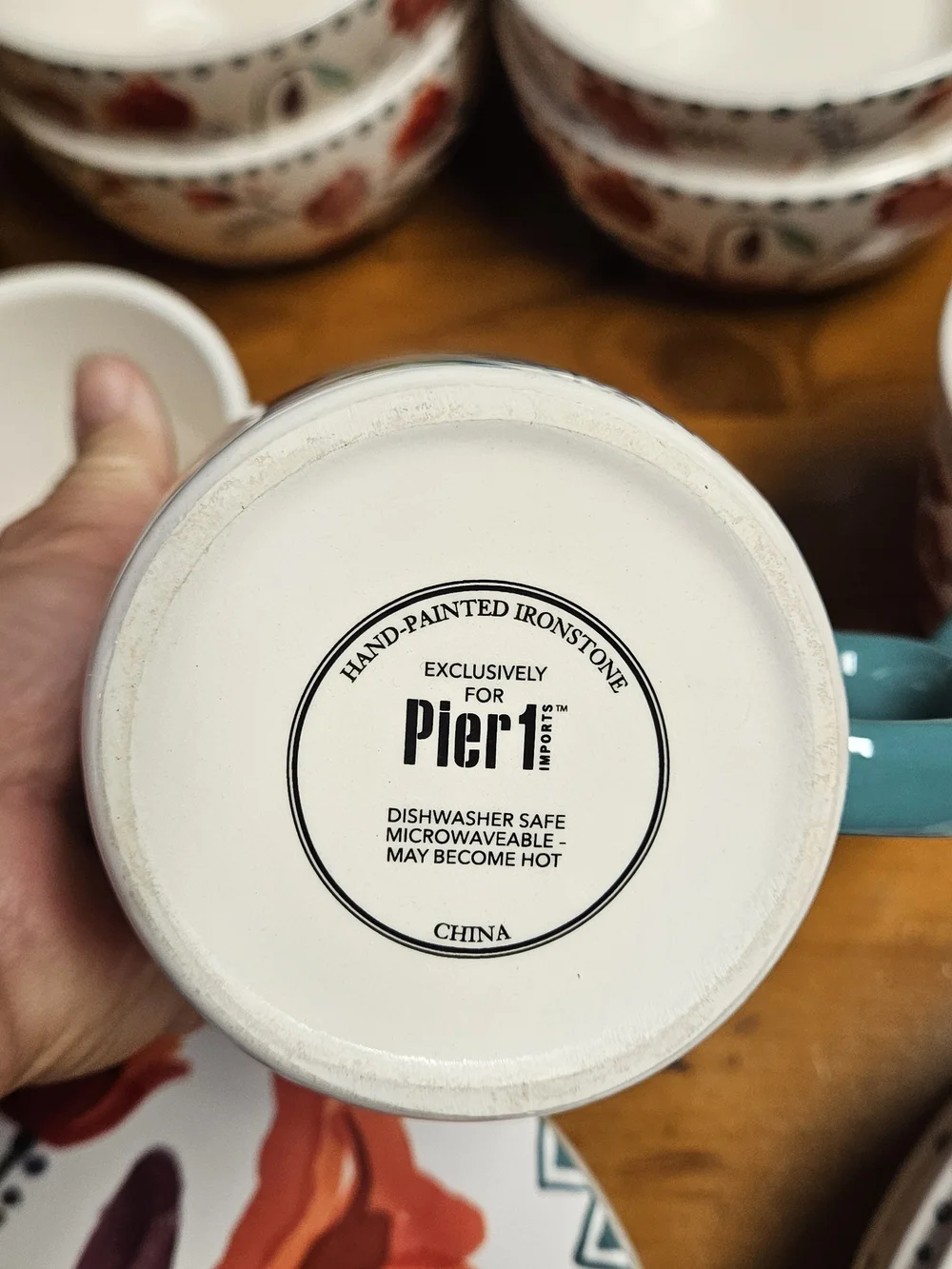 Pier 1 Ayana Stoneware Red Poppy Dinnerware Set with Turquoise Handles
